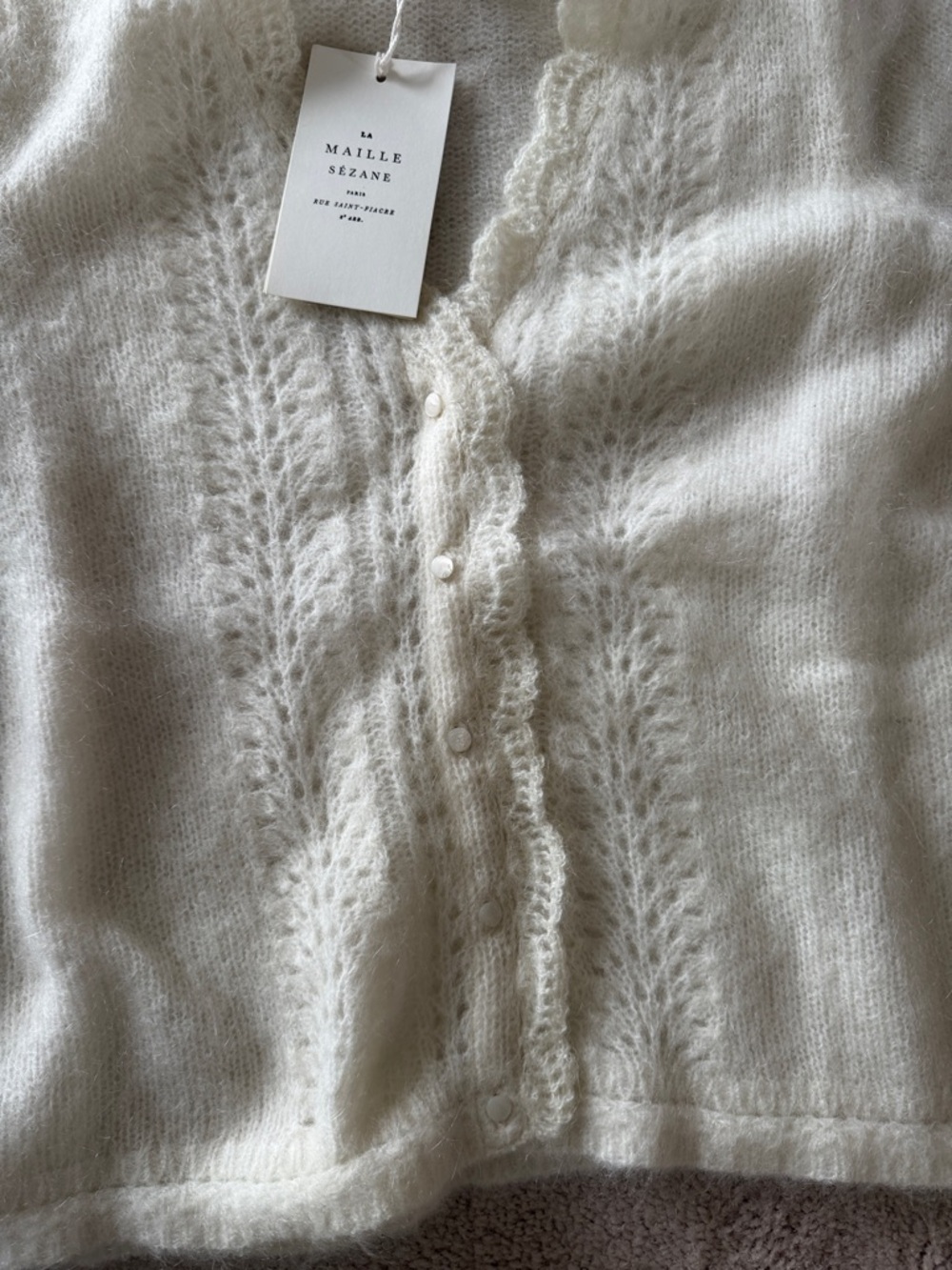 Sezane Cream Eyelet-Detail Mohair Blend Cardigan - Picture 3 of 9